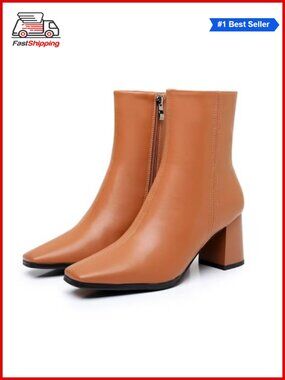 Womens Ankle Boots Square Toe Chunky Block Heel Side Zipper Low Heeled Booties